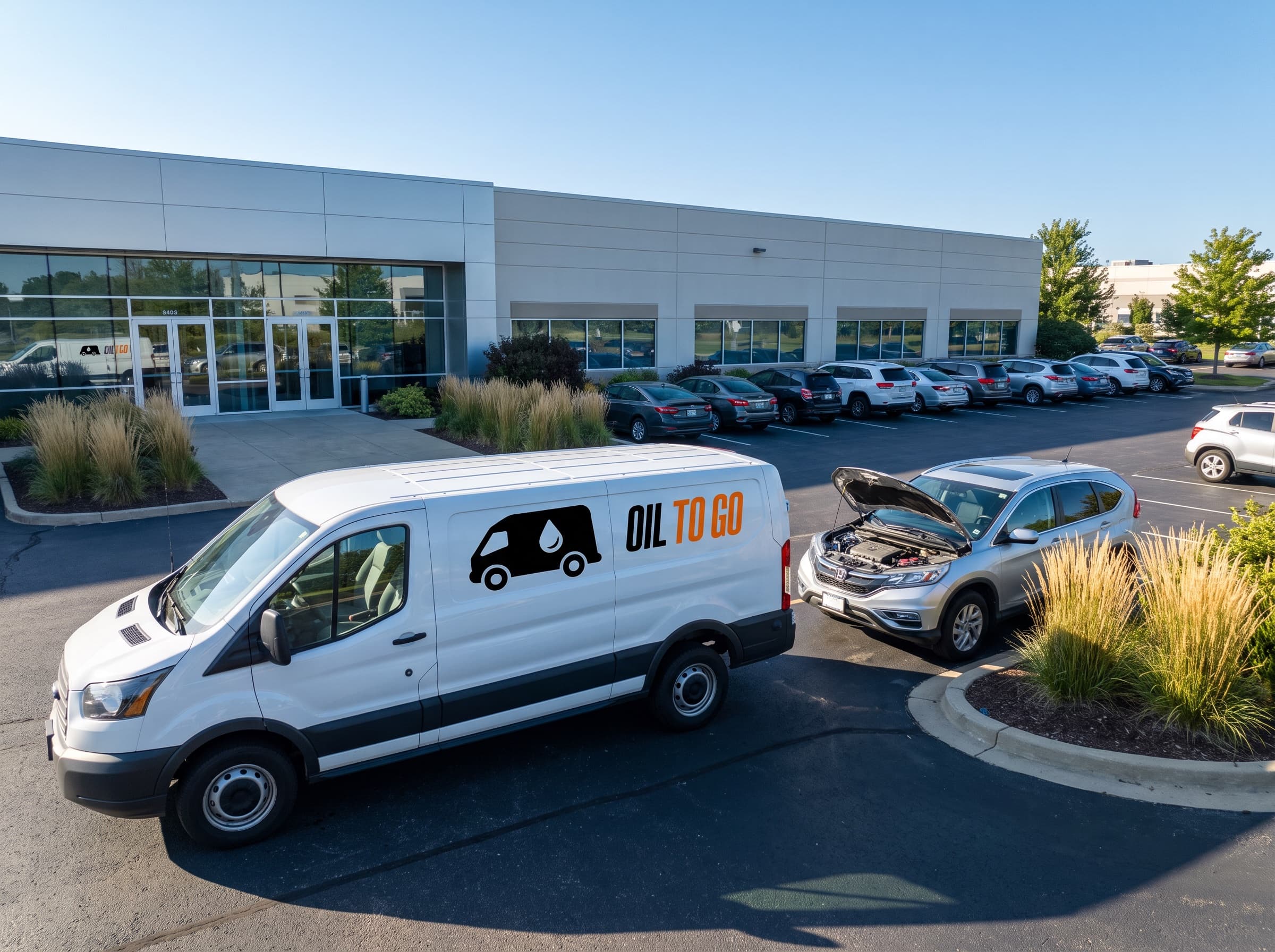 The Oil To Go van in an office park lot in Hiawatha, an SUV beside it with its hood up