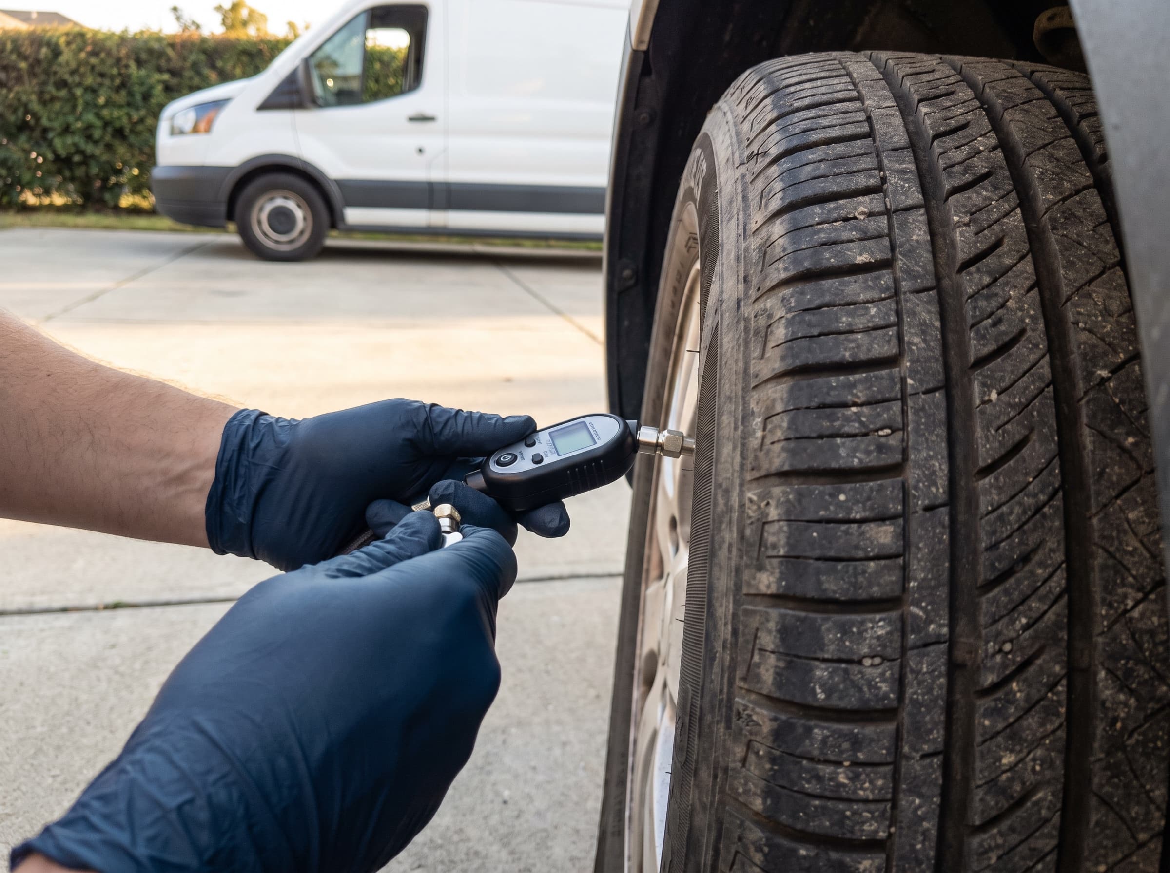 Gloved hands checking a tire's pressure with a digital gauge in a driveway