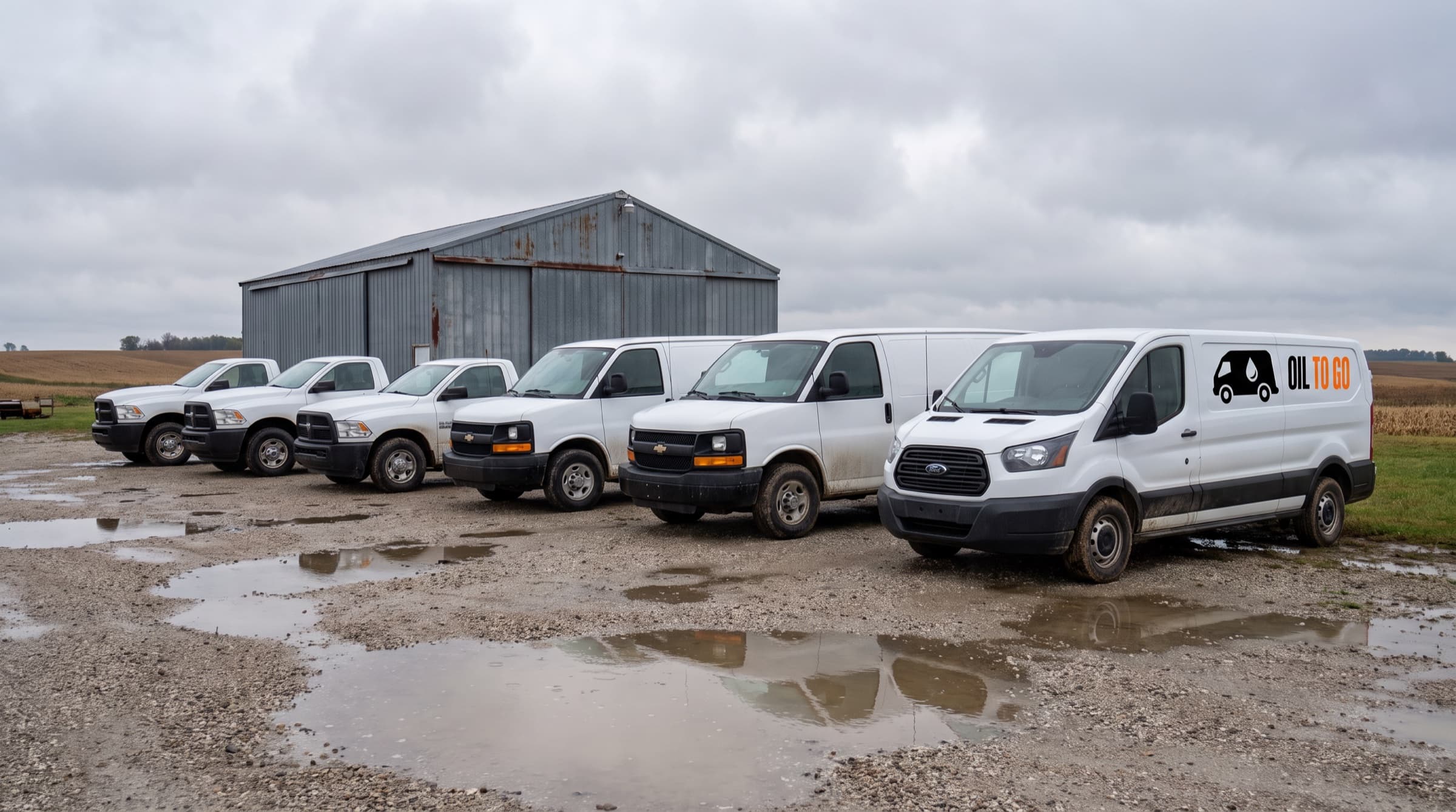 The Oil To Go van at the end of a row of white work trucks and vans outside a metal pole barn