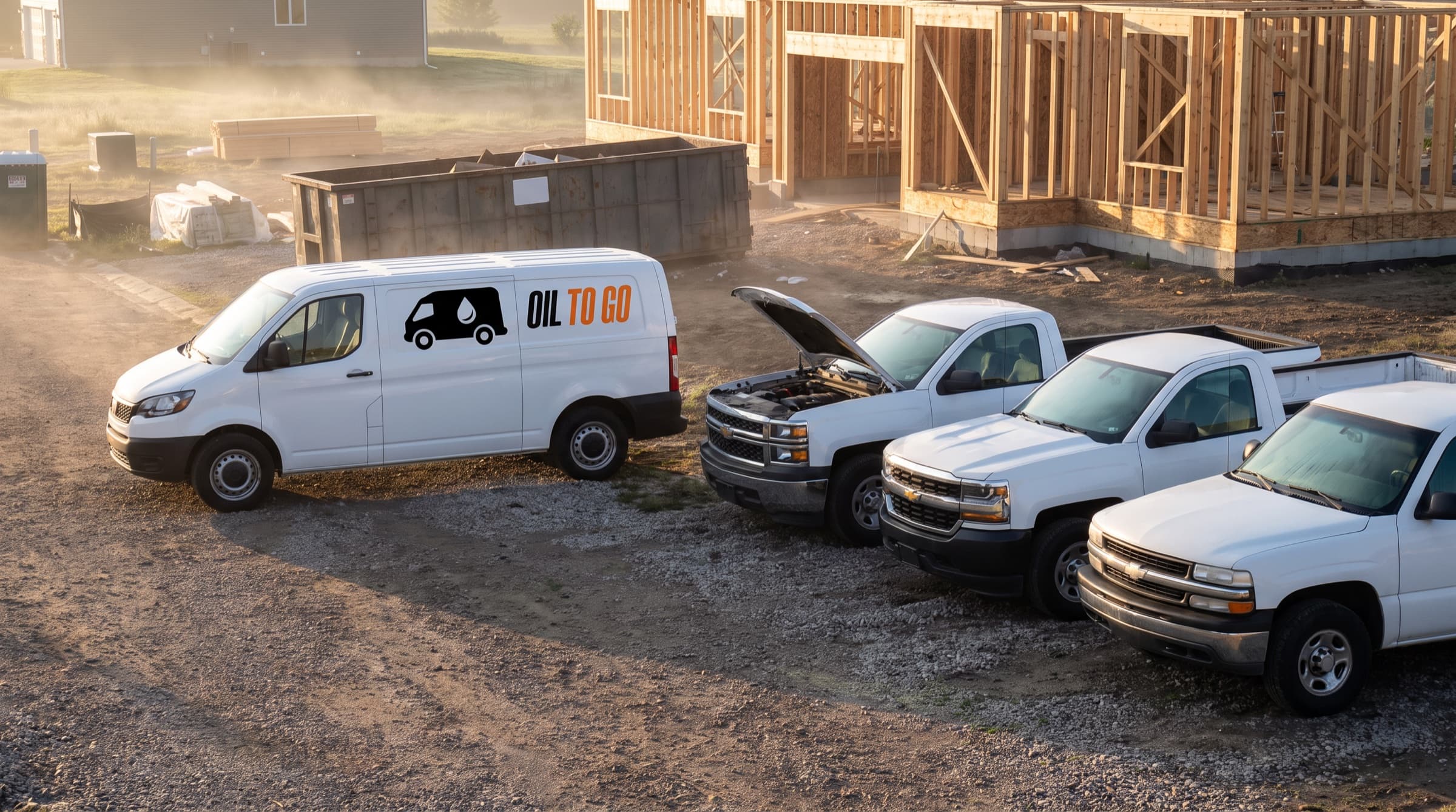 The Oil To Go van beside a crew's white pickups at a new-construction job site at sunrise