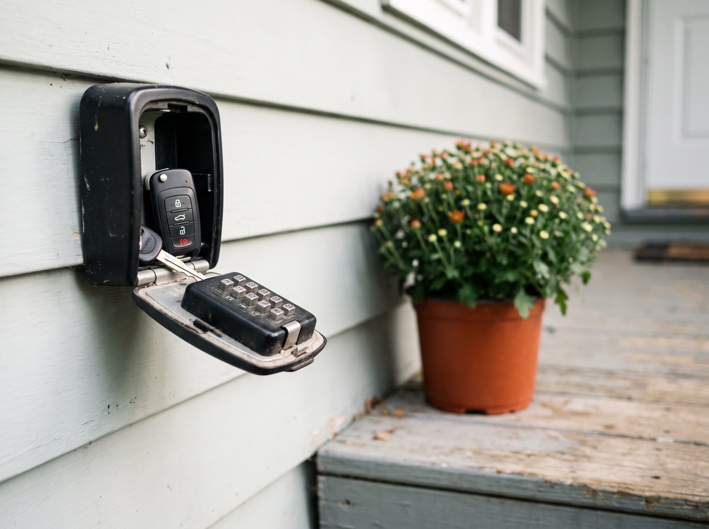 A car key fob waiting in an open key lockbox beside a front door