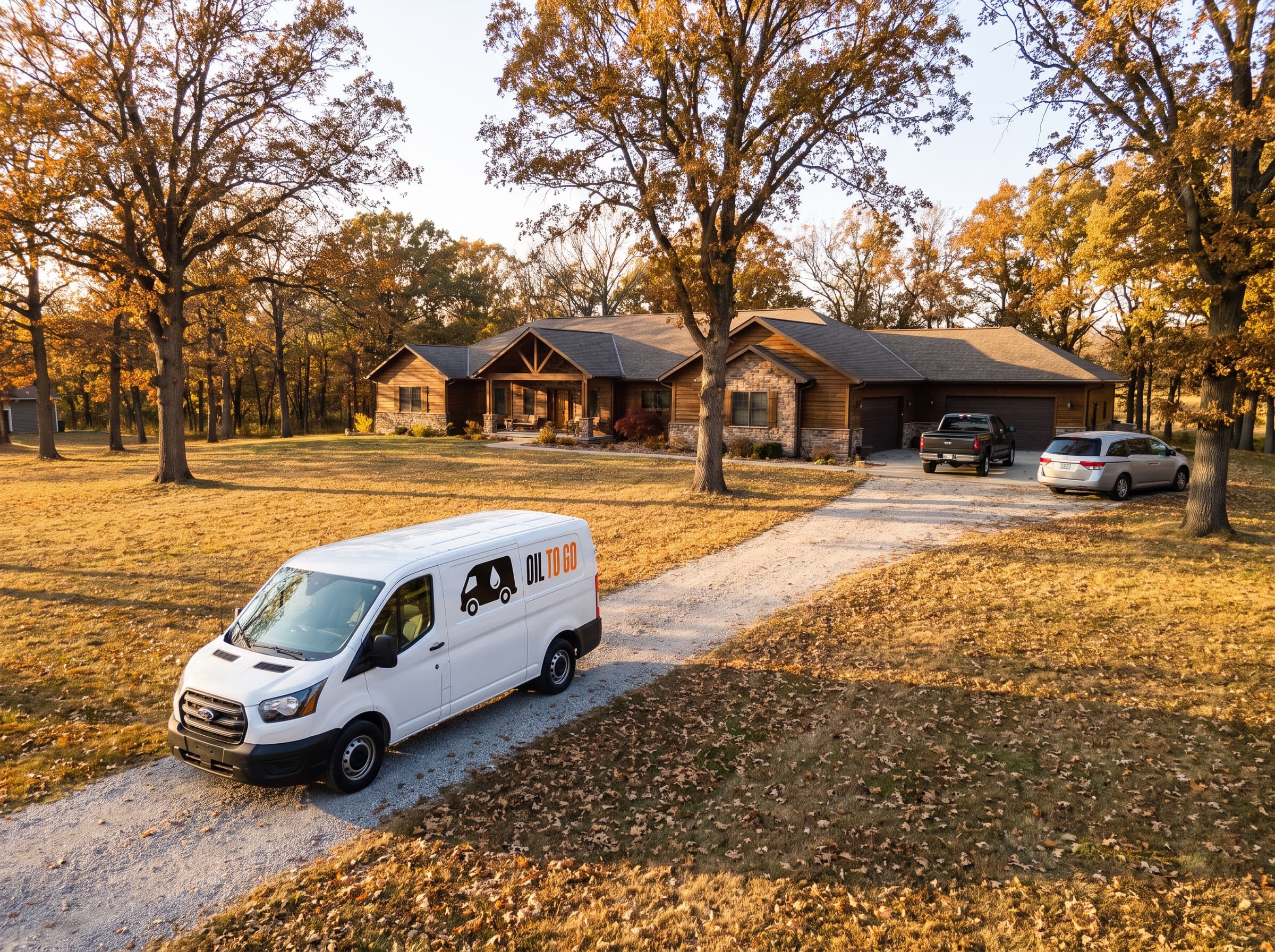The Oil To Go van on the long driveway of a ranch home on a wooded lot in Robins