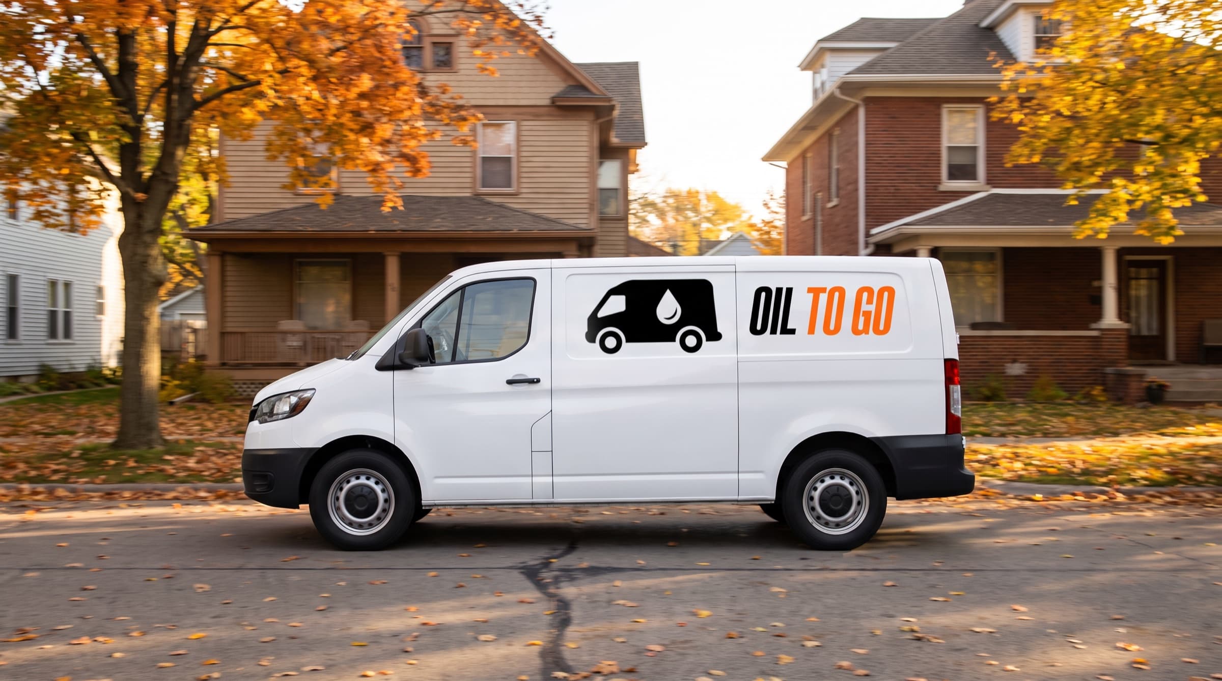 The Oil To Go van driving down a tree-lined Cedar Rapids street in autumn