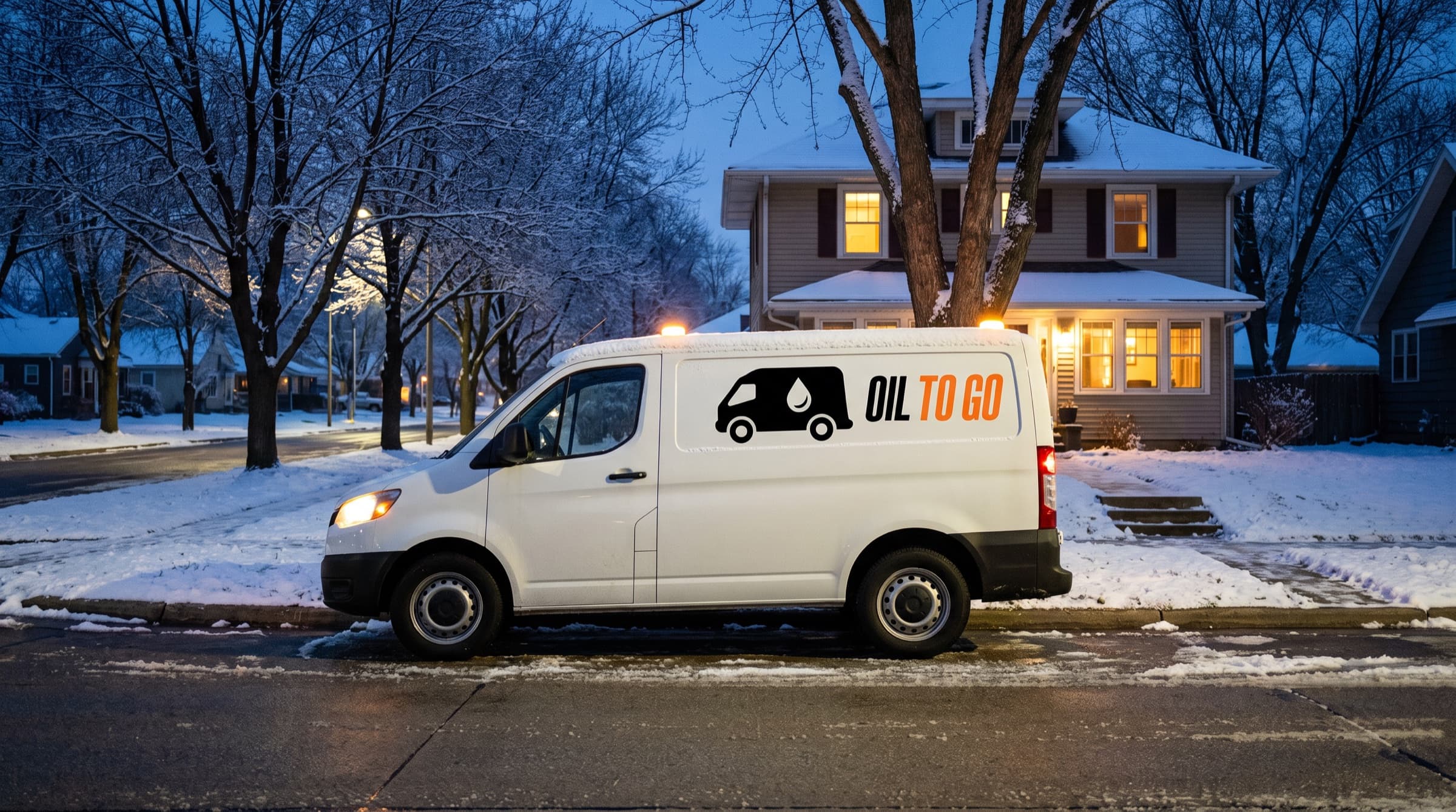 The Oil To Go van parked at the curb of a snowy street at dusk, a house with lit windows behind it