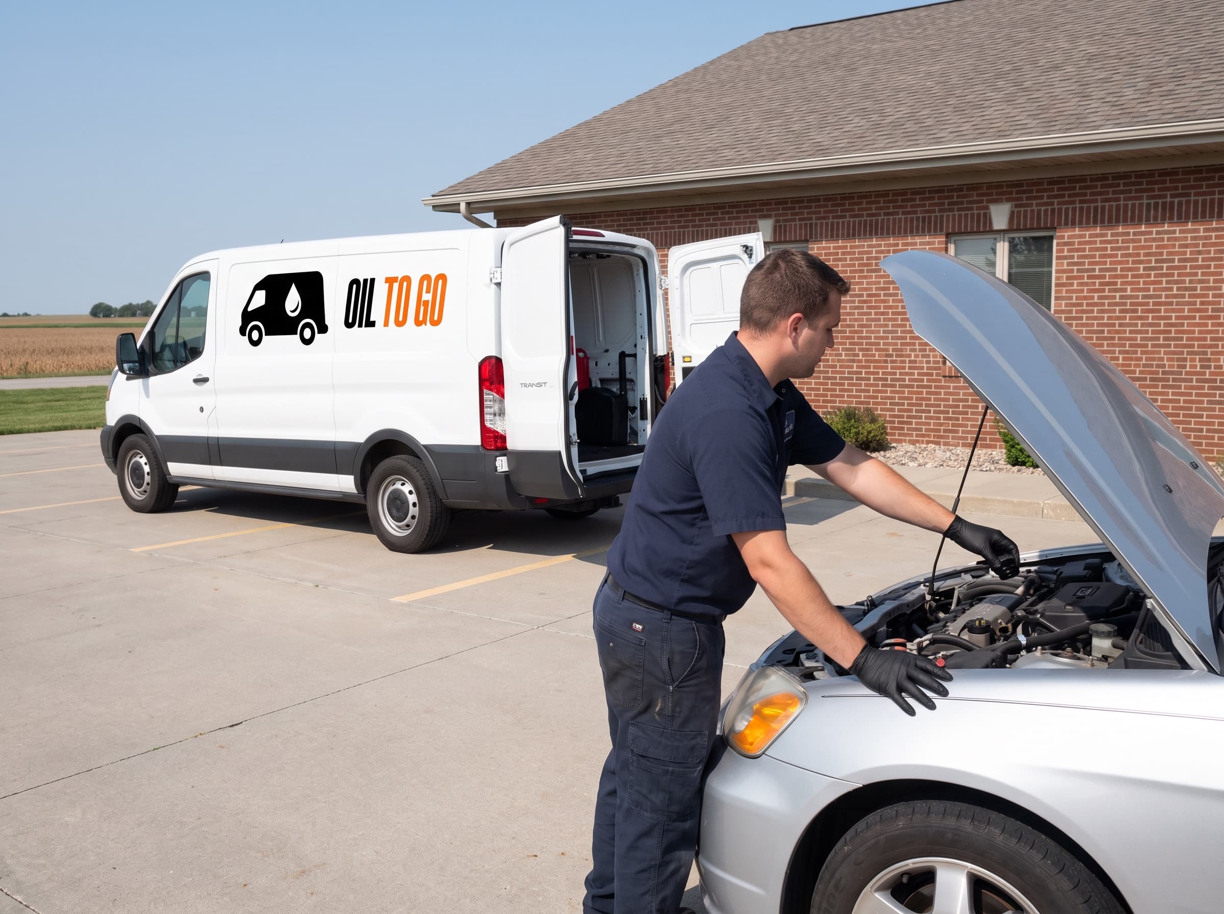A technician working under the open hood of a silver sedan in an office parking lot, the Oil To Go van behind him with its rear doors open